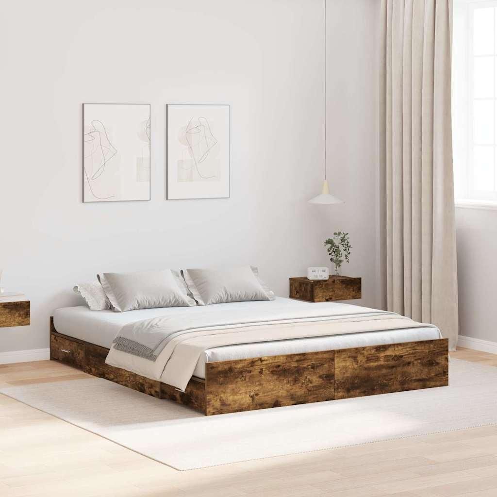 Möbel Bett mit Stauraum mit Schubladen mit Kopfteil mit Speicher Räuchereiche 135 x 190 cm Holz - Klassische Betten 3335321