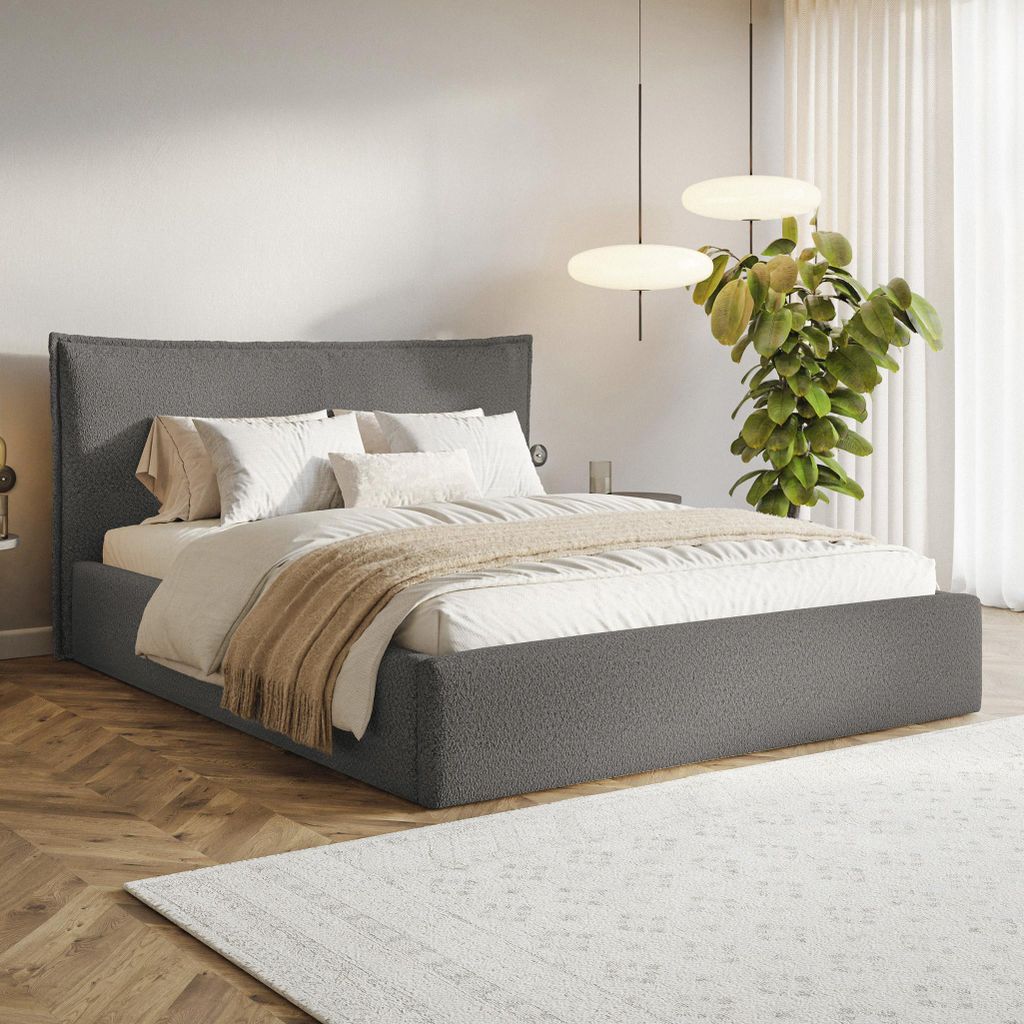 MOTIVENA Leno Polsterbett 120x200 mit Bettkasten, Holz Lattenrost, Bett 120x200 Grau Boucle (Catch Me 25)