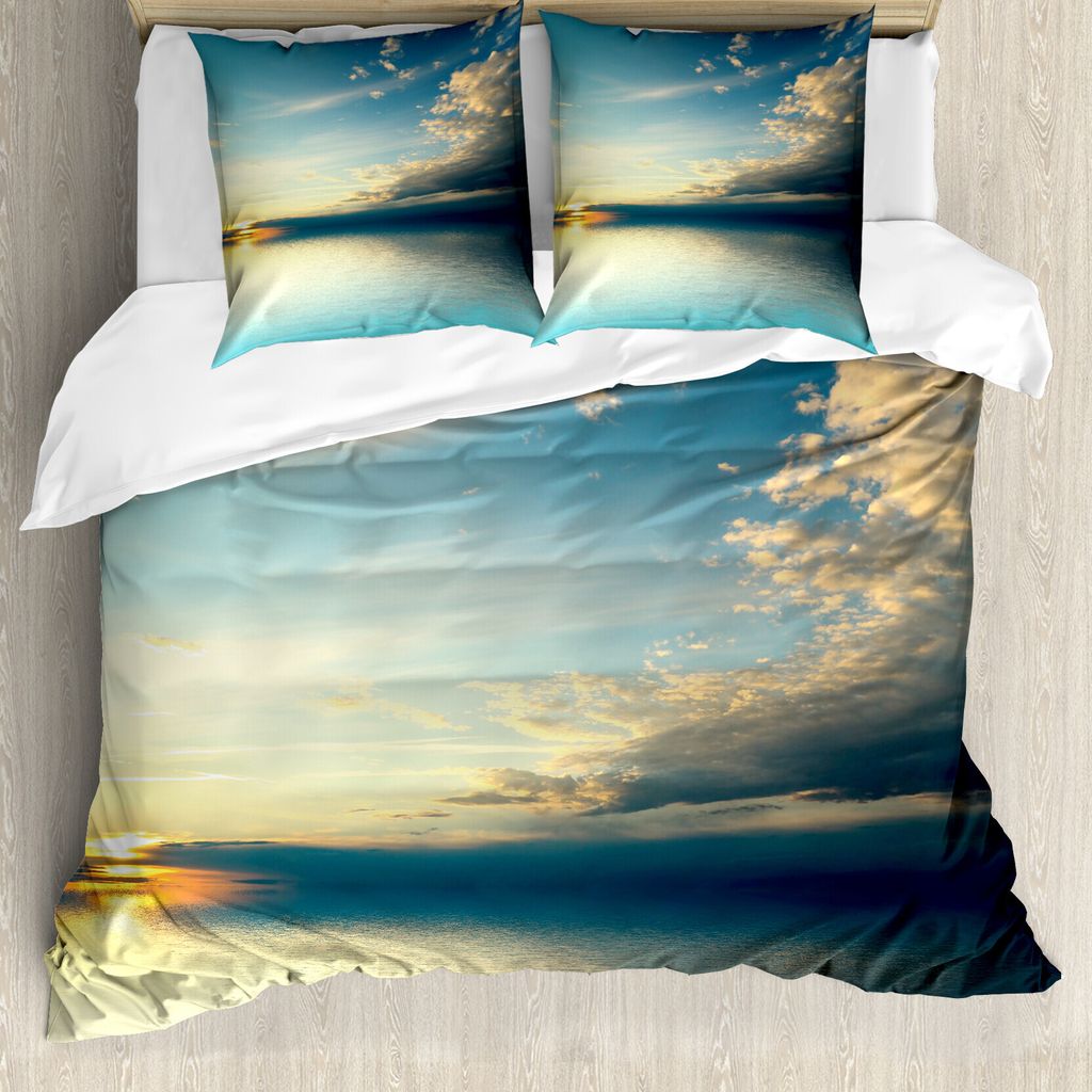 ABAKUHAUS Küsten Bettbezugs Set Für Doppelbetten, Meer Sonnenuntergang Horizont, Milbensicher Allergiker geeignet mit Kissenbezügen, Aquamarines...