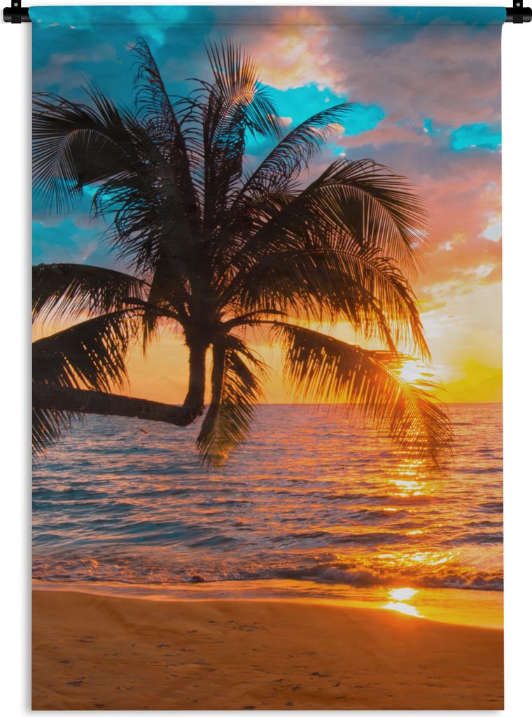 MuchoWow Wandteppich Wandbehang Palme - Sonnenuntergang - Horizont - Strand - Meer - Tropisch 90x135 cm Tapisserie Dekoration Wandtuch - Baumwoll...