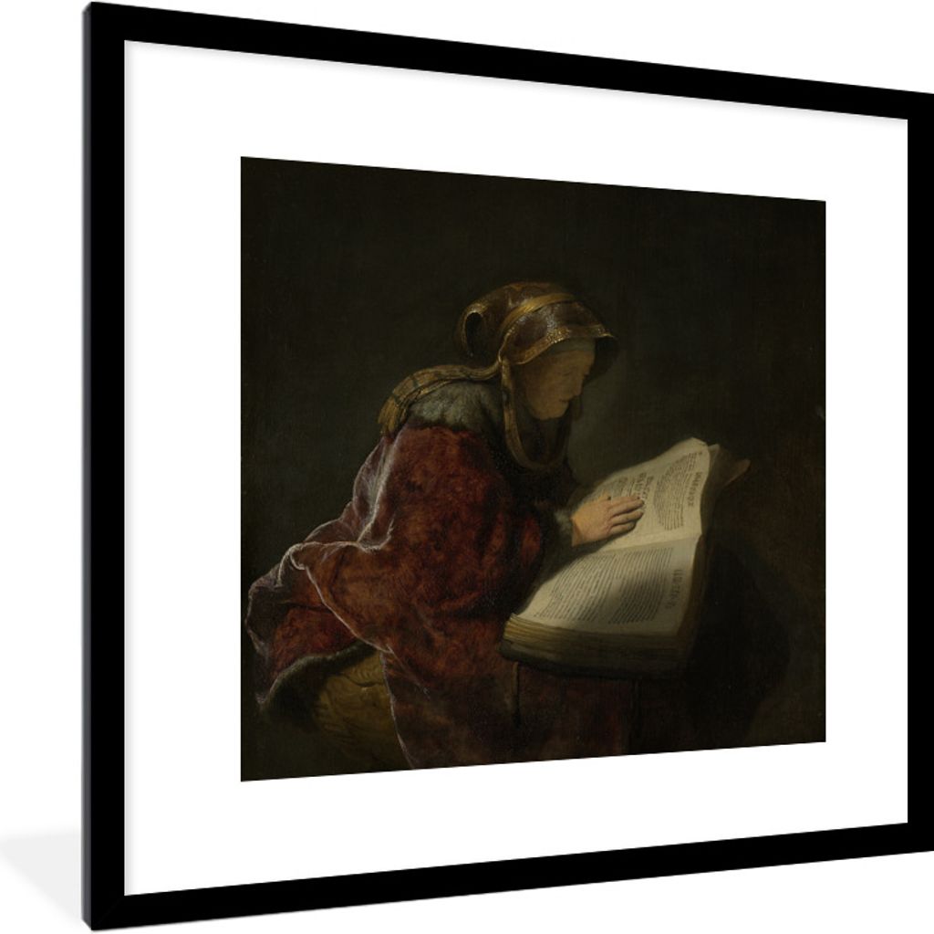 MuchoWow Gerahmtes Poster Alte Frau lesend, wahrscheinlich die Prophetin Hanna - Rembrandt van Rijn 40x40 cm - Poster mit Schwarzem Bilderrahmen ...