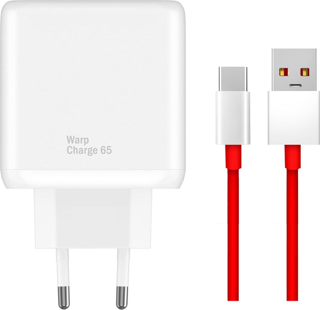 A white OnePlus Warp Charge 65W power adapter and a red USB-C cable are shown against a white background.