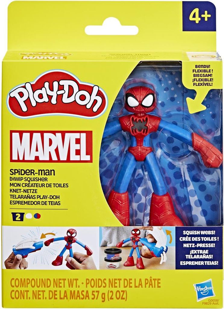Play-Doh Spiderman Thwip Squisher, 2 Dosen Modelliermasse, Bastelset mit 10 cm große Actionfigur und Stempelformen, Superhelden-Figur mit Abzeiche...