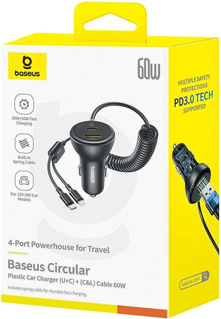 Baseus Caricatore Auto 60W con Cavo Retrattile Lightning e USB-C Nero - 7