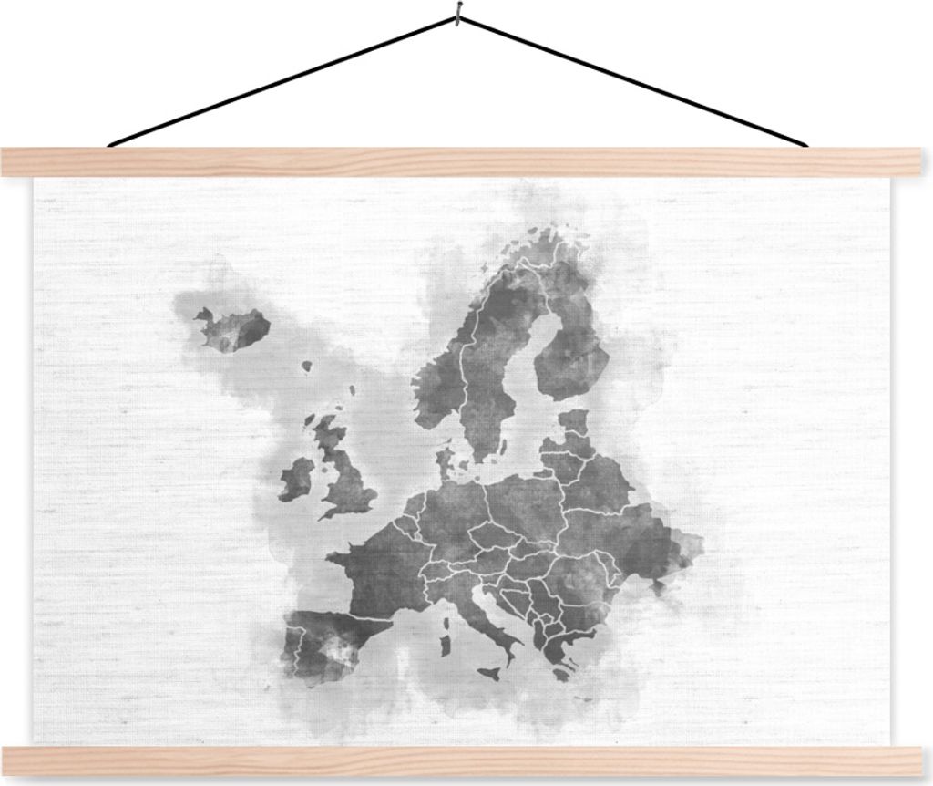 MuchoWow Textilposter Karte - Europa - Schwarz - Weiß 60x40 cm mit holzfarbenen Rahmen - Bilder