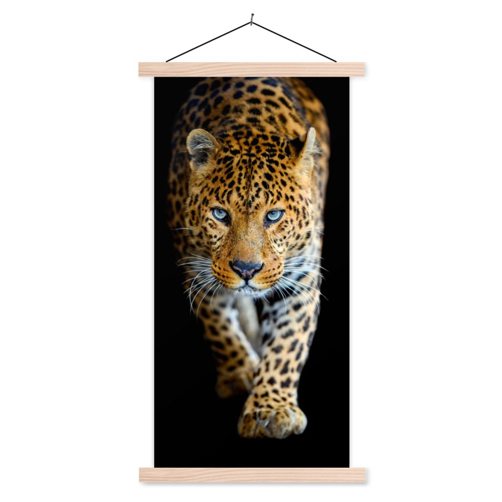 MuchoWow Textilposter Leopard - Tiere - Porträt - Wildtiere - Schwarz 60x120 cm mit holzfarbenen Rahmen - Holz