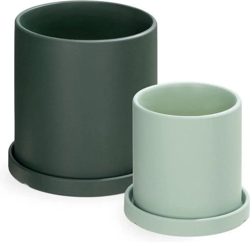 Pot de fleurs en céramique vert avec soucoupe - Set de 2 tailles - 11/17cm