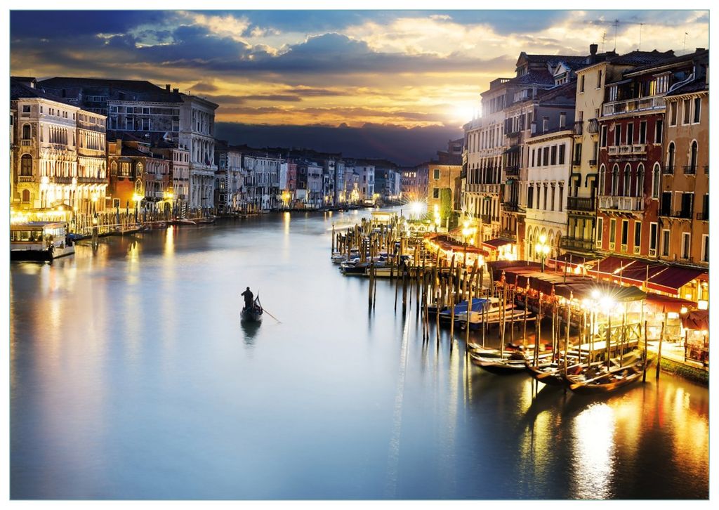 Wallario Premium Glasbild, freischwebende Optik, kräftige Farben, Größe 100 x 70 cm Motiv Canal Grande in Venedig am Abend mit untergehender Sonne