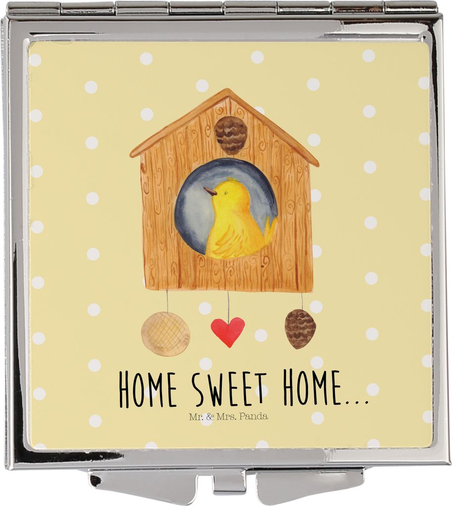 Mr. & Mrs. Panda Handspiegel Vogelhaus Home - Gelb Pastell - Geschenk, Taschenspiegel, Quadratischer Spiegel, Kosmetikspiegel, Haus, Hausbau, Schmi...