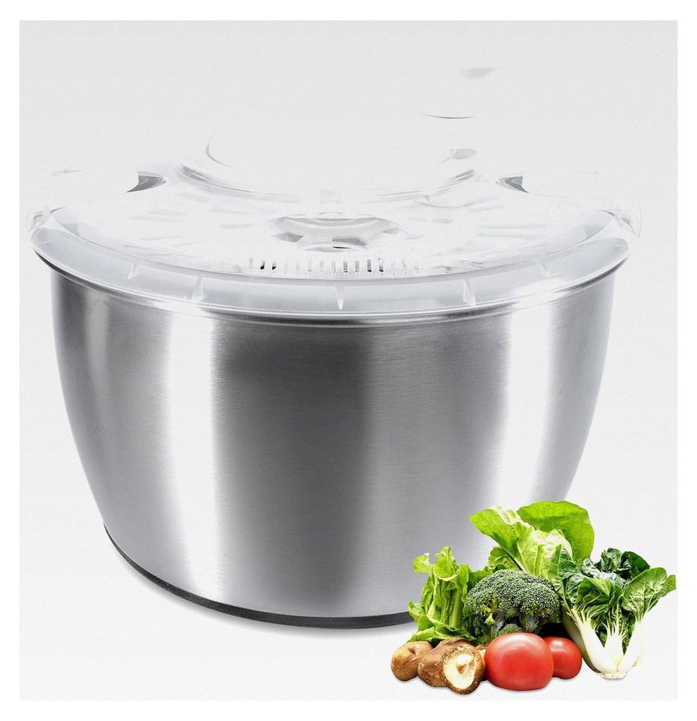 Salatschleuder aus Edelstahl mit Deckel, große 4,5 Liter Salatschleuder für einfaches Schleudern von Salaten