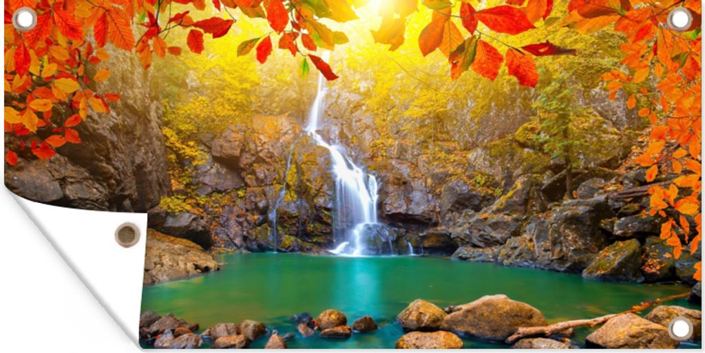 MuchoWow 80x40 cm Outdoor-Poster Gartendeko Sichtschutz Garten Poster für den Garten Steine - Baum - Wasserfall - Herbst - Rot