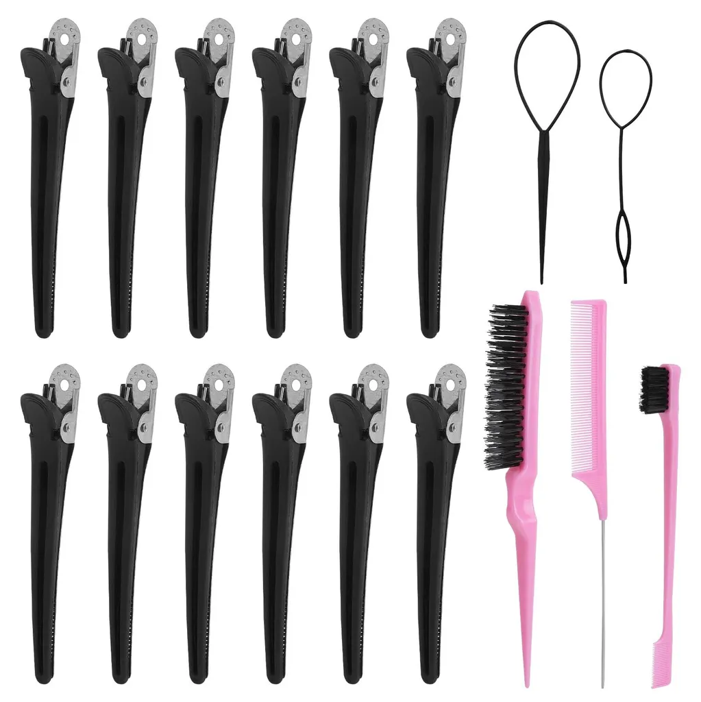 Lot de 17 pinces à cheveux crocodile professionnelles pour coiffage