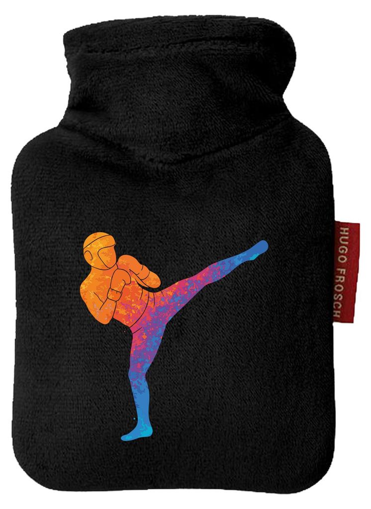 Huuraa Mini-Wärmflasche Kickboxen bunte Silhouette 0,2 Liter Black Mini Veloursbezug Taschenwärmer Geschenkidee