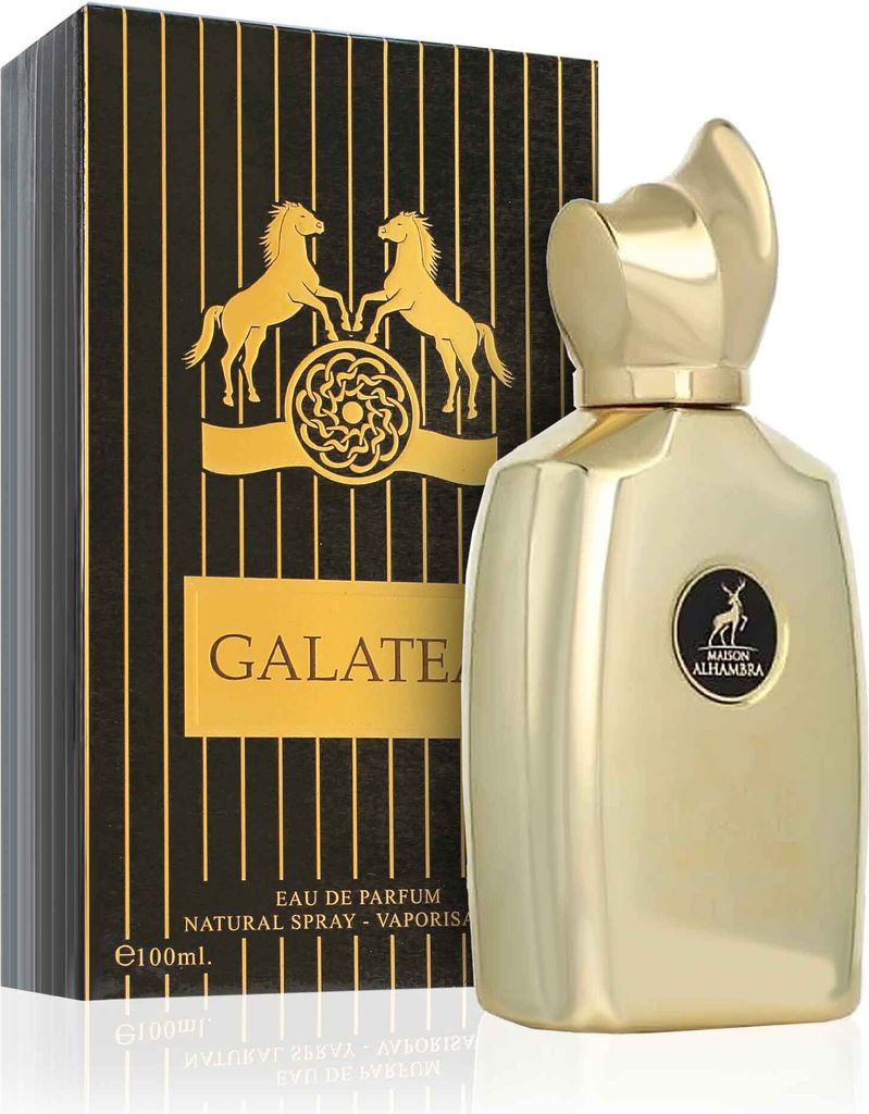 A perfume bottle and its packaging are displayed against a white background.