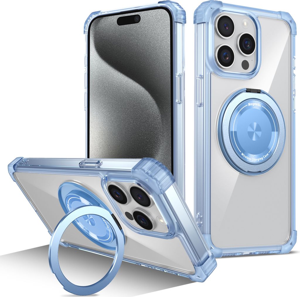 Handyhülle für iPhone 13 Pro Max Magnetisches Ringhalter Ständer Kompatibel mit Magsafe Militärschutz Transparente Hülle Blau