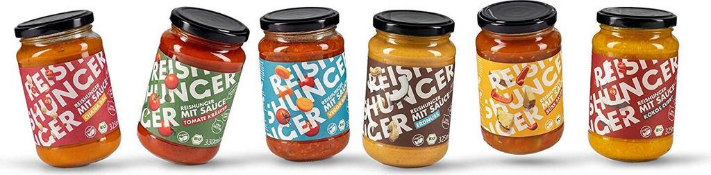 Reishunger mit Sauce 6er Probierset (4 x 325 ml, 2 x 320 ml) - 6 leckere Sorten: Erdnuss, Chana Dal, Süß Sauer, Kokos Curry, Tomate Kräuter und ...