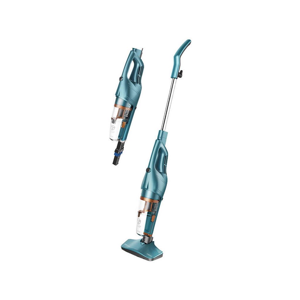Two teal-colored vacuum cleaners are displayed against a white background. One is a handheld unit, and the other is an upright stick vacuum.