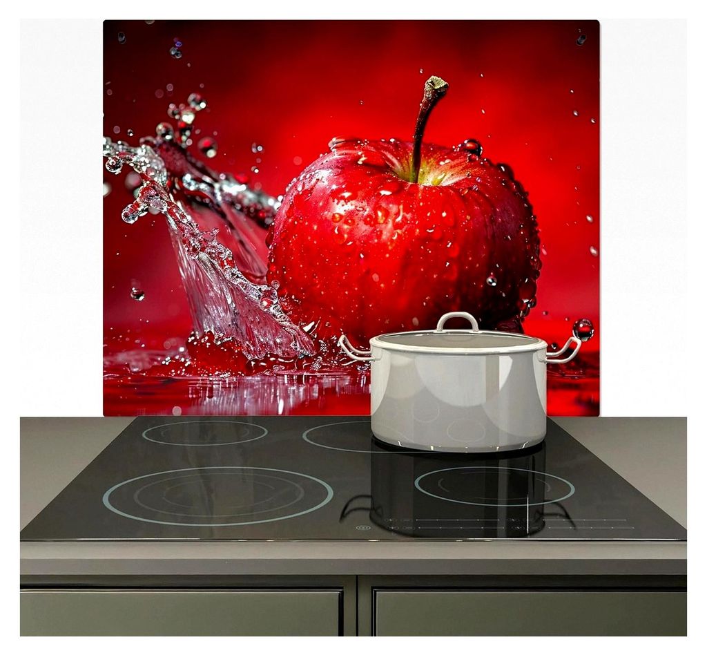 Spritzschutz für die Küche aus Vinyl 59x52 cm, Küchenzubehör, Herdabdeckung für Induktionskochfeld, Apfel - Spritzer - Wasser - Rot