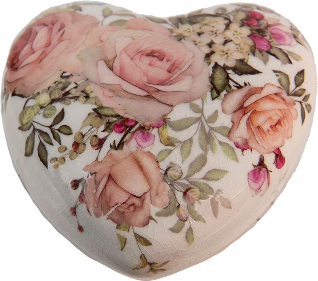 Clayre & Eef Dekoration Herz 11x11x4 cm Weiß Rosa Keramik Produktbild 