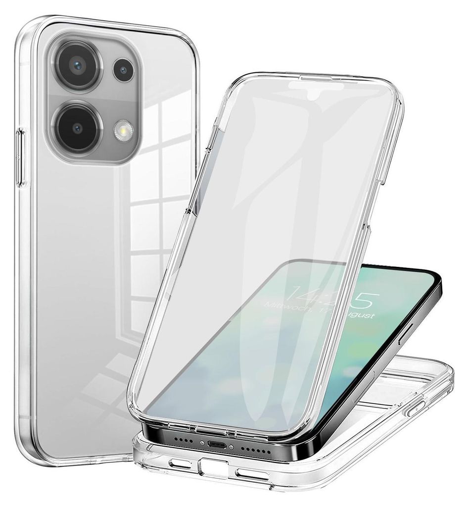 A clear, transparent phone case is shown in two pieces, with a smartphone partially inserted into the bottom half.