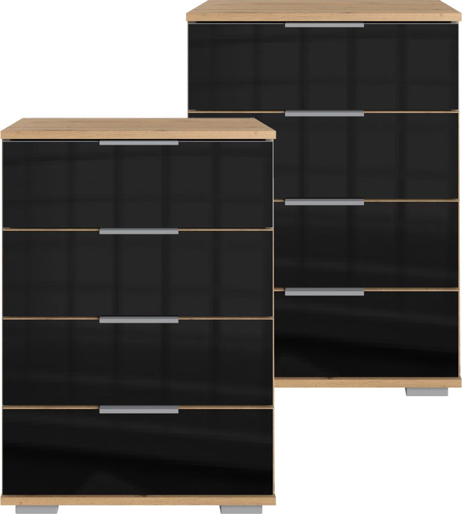 Schlafzimmer Nachttisch 2er Set, auch für Boxspringbett geeignet, in Artisan Eiche Nb. mit schwarzem Glas ELSTRA-43, B/H/T ca. 52/74/38 cm