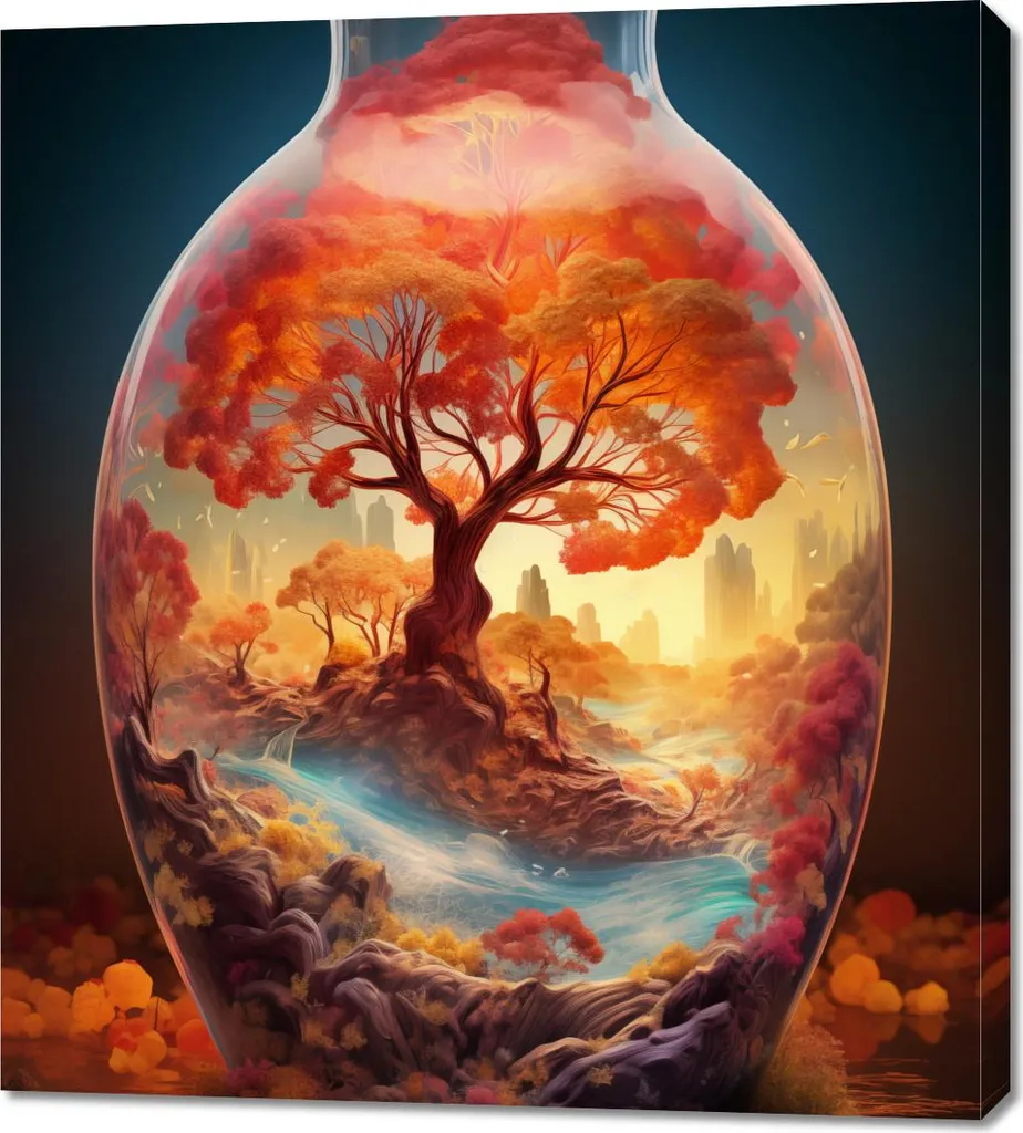 Toile Arbre de vie 90x100 cm Impression Haute Qualité sous Cloche Verre