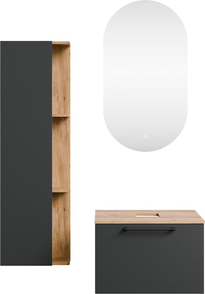 Planetmöbel Waschtischunterschrank Astra 60 cm Gold Eiche/Anthrazit mit LED-Spiegel und Seitenschrank