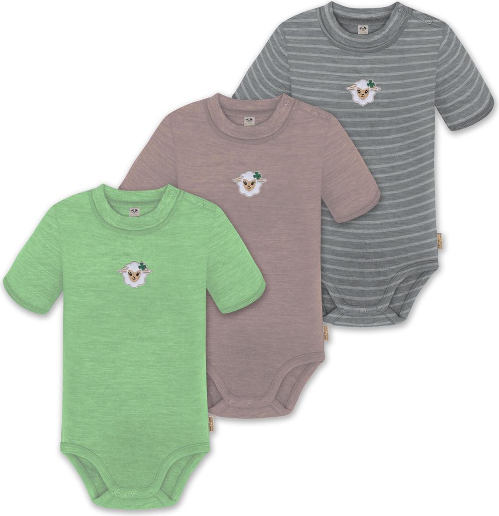 normani 3er Set Unisex Baby Merino Kurzarm-Strampler Kurzarm Body mit Knopf