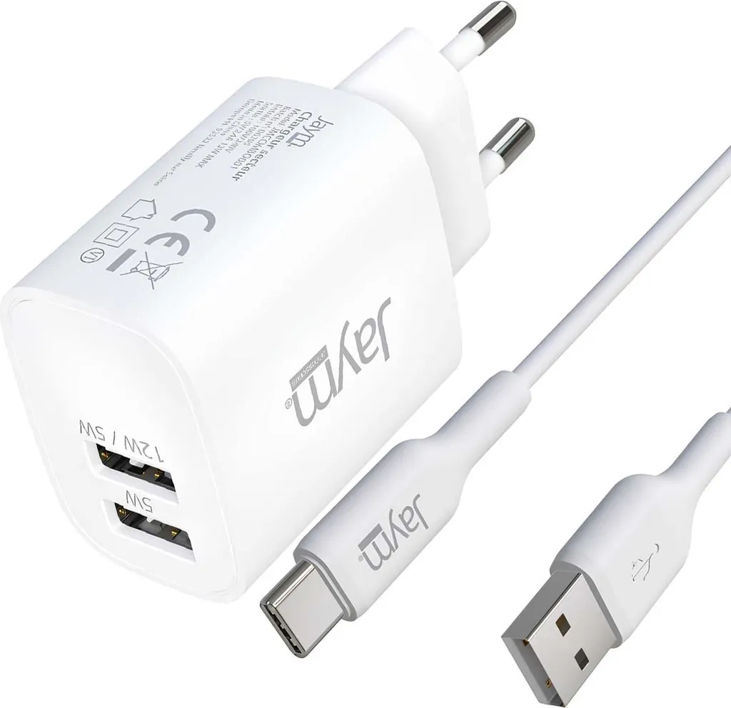 Jaym Power Kit 12W: Caricabatterie 2 Porte USB-A e Cavo USB-C 2m Bianco