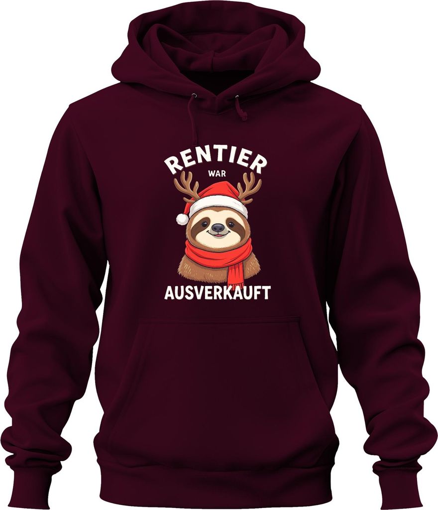 Rentier war t Faultier mit Geweih Weihnachtshut Uni Hoodie Kapuzenpullover, Burgundy, L