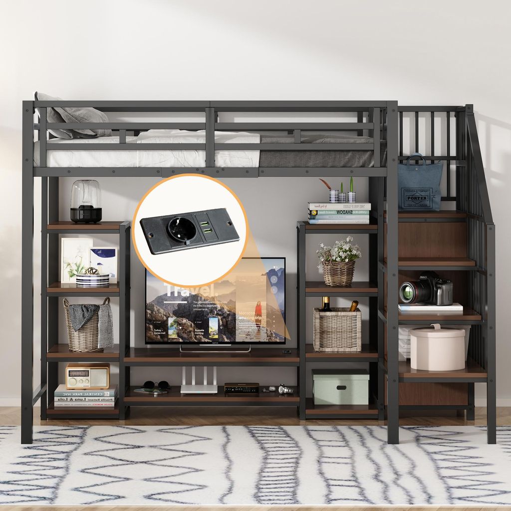 Hochbett 90x200 mit TV-Ständer, Steckdose und Sicherheitsleiter , Stabile Metall-Holz-Kombination, modernes, platzsparendes Hochbett , Kinder-Eta...