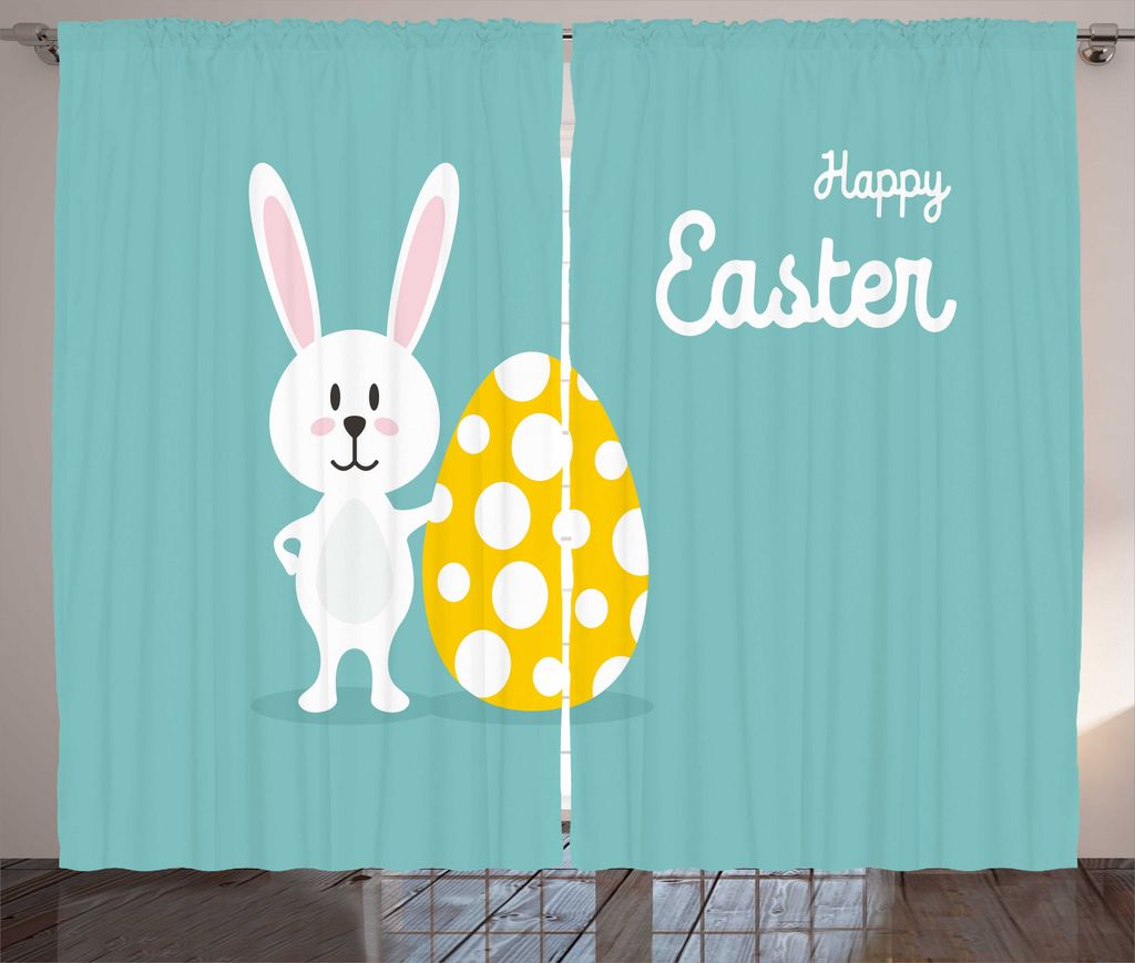ABAKUHAUS Osterhase Rustikaler Vorhang, Kaninchen-Karikatur, Wohnzimmer Universalband Gardinen mit Schlaufen und Haken, 280 x 175 cm, Seafoam Senf