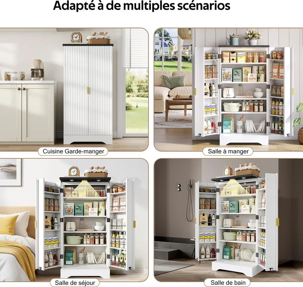 Buffet Cuisine Blanc avec Étagères Réglables et Détails Dorés Chic - 5