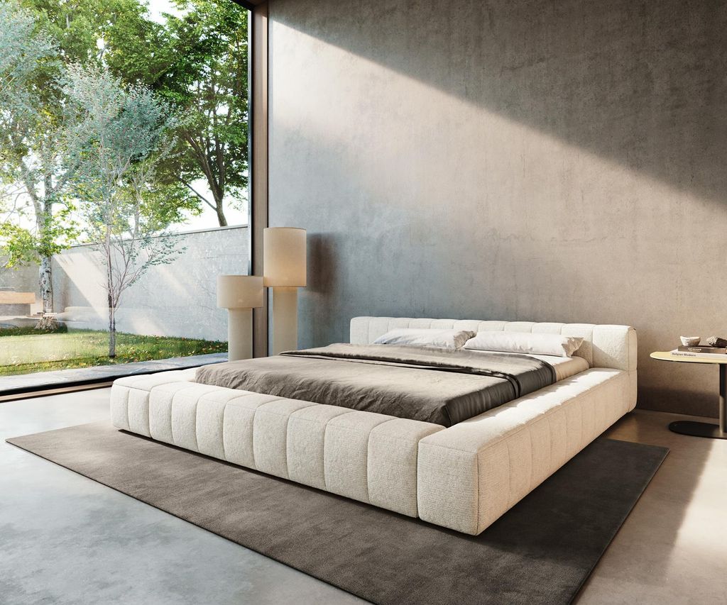 DELIFE Polsterbettgestell Espazio 180x200 cm Bouclé Soft Beige mit Stauraum