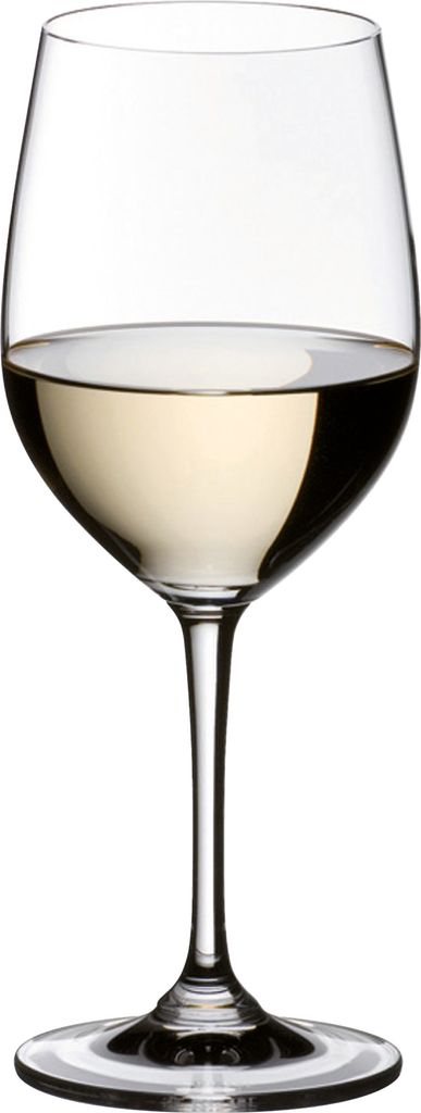 A single clear wine glass filled with white wine, isolated on a white background.