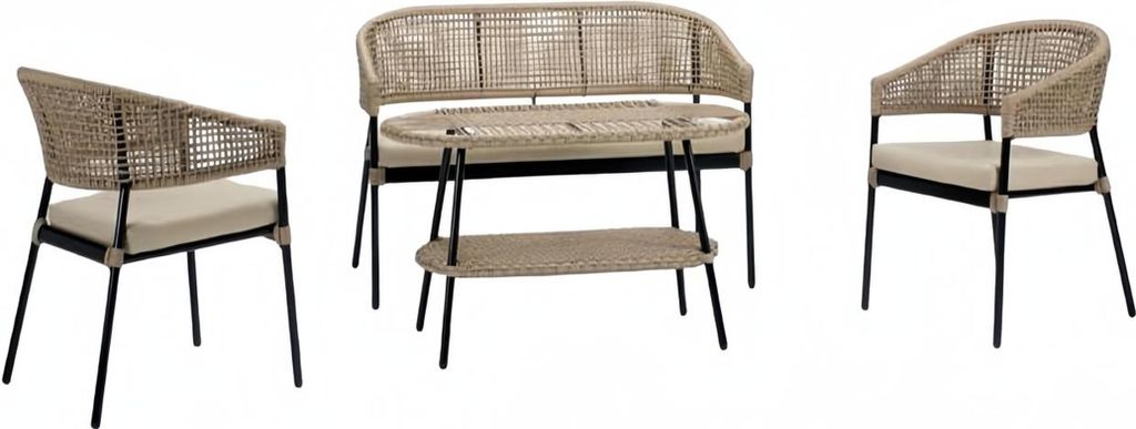 Sofagarnitur Sofa 2 Sitzer Rattan Moderner 2x Sessel Couchtisch Beige