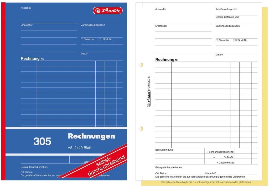 Herlitz Rechnungsbuch A5 305 2x40 Bl. sd. 4er Packung Immagine del prodotto 
