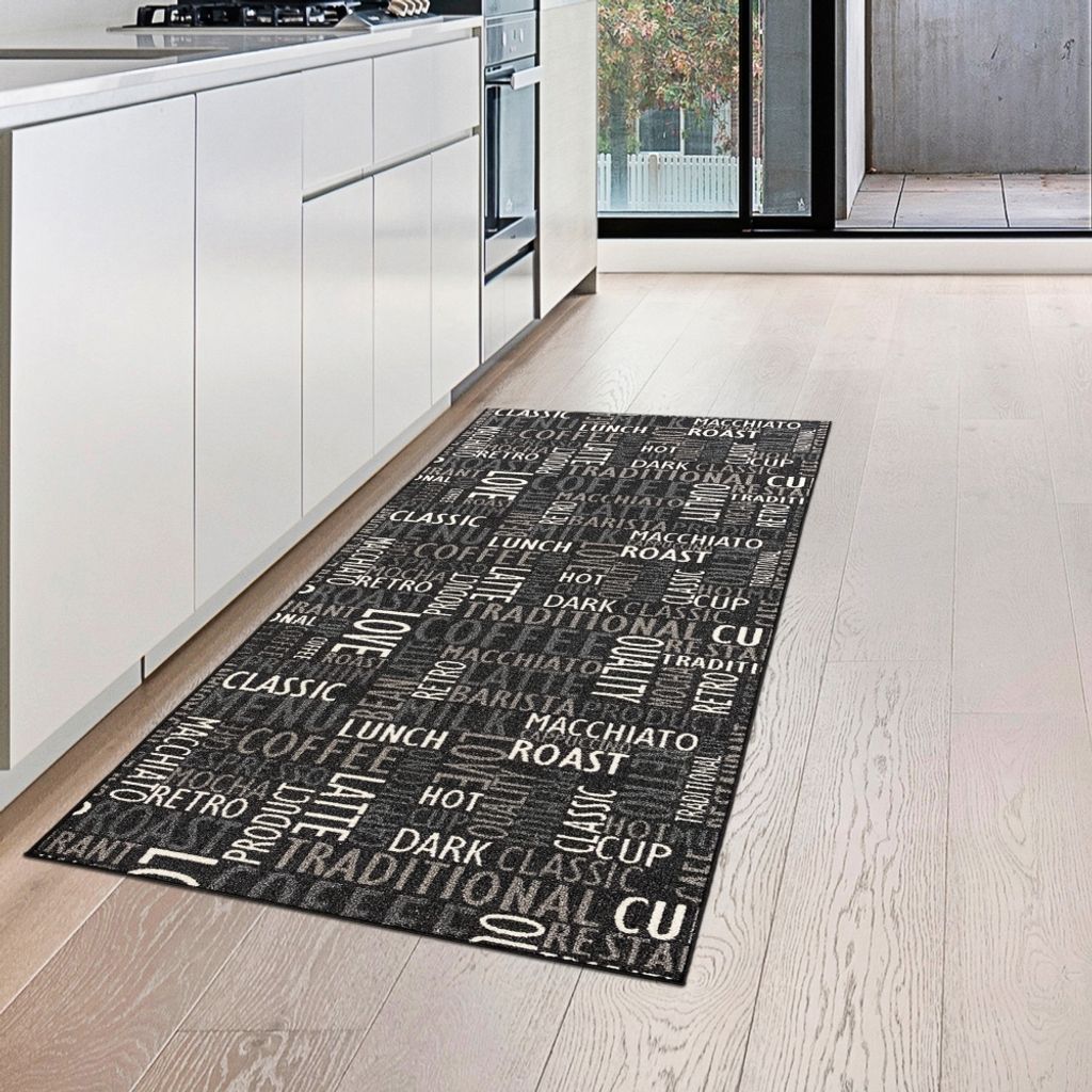 Küchenläufer grau mit Gelrücken und Schriftzug in beige und Produktbild 1