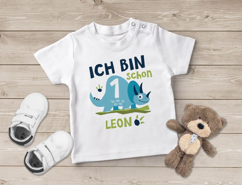 Baby T-Shirt mit Namen und Zahl 1 / 2 Geschenk zum Geburtstag Dinosaurier Dino für Jungen SpecialMe 1 Jahr weiß 92/98 (16-24-Monate)