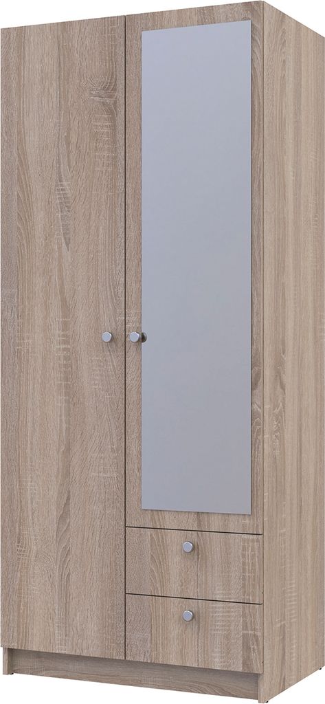 A full-shot of a two-door wardrobe with a mirror on the right door and two drawers at the bottom.