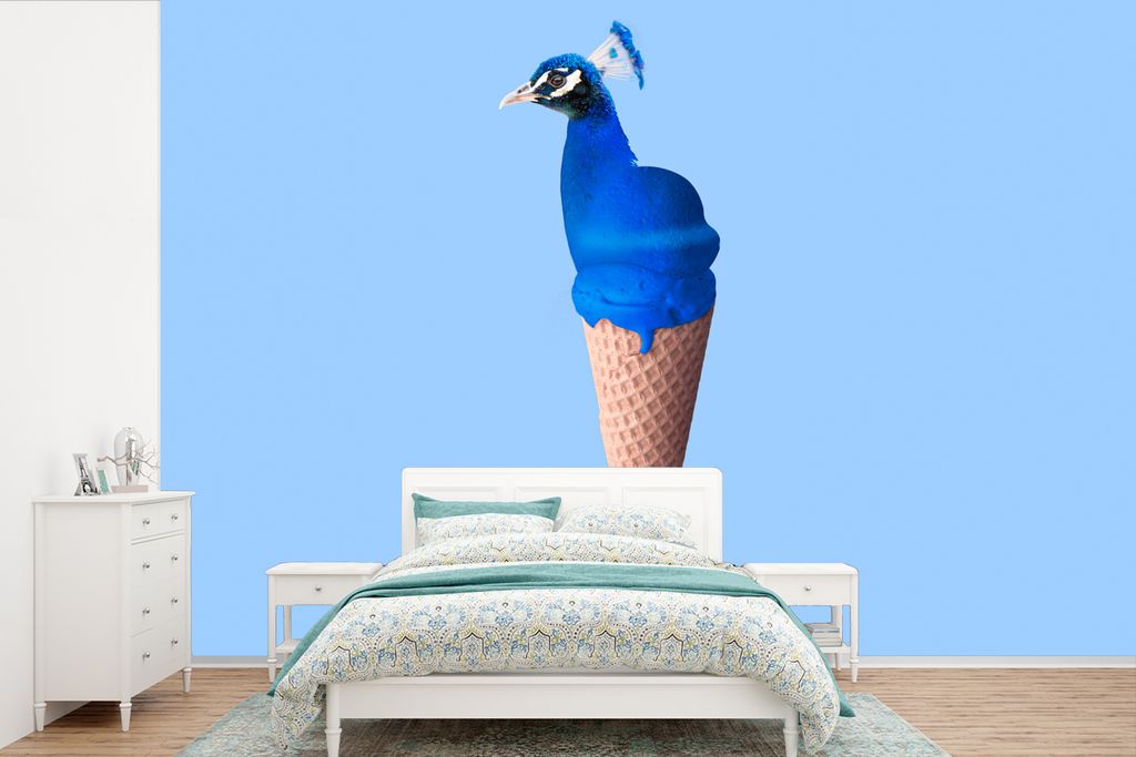 MuchoWow Fototapete für Wohnzimmer oder Schlafzimmer Wandtapete Vinyl Motivtapete Pfau - Eistüten - Eiscreme - Blau - Vogel - 420x280 cm - Zimm...