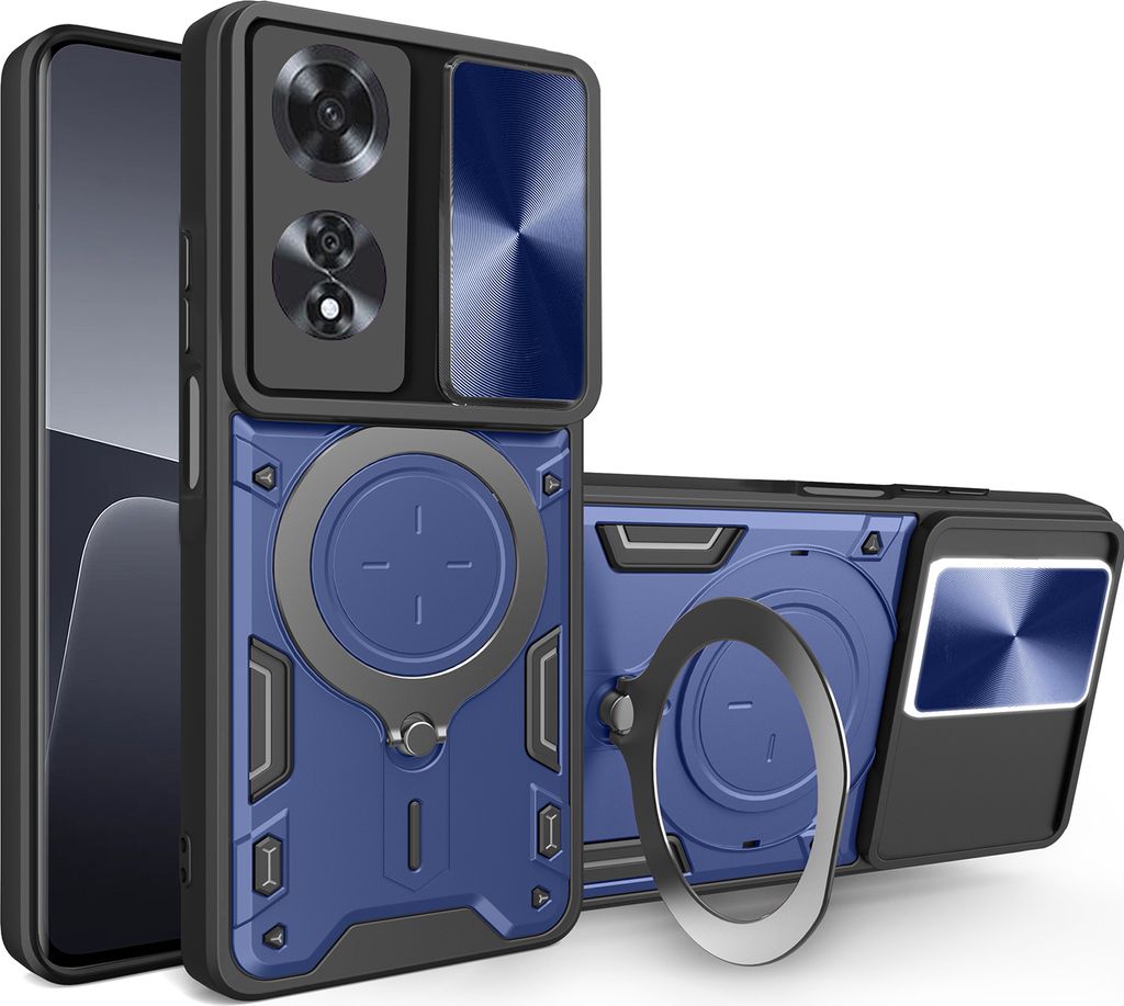 Handyhülle für Oppo A60 4G Dual-Layer Stoßfest Rüstung Hülle mit Dia Kameraschutz und Kreisförmig Ring Ständer Blau