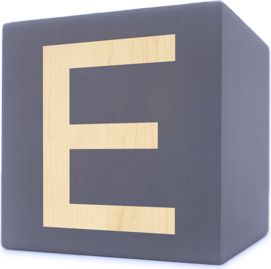 Holzbuchstabe Würfel, 5 x 5 cm, grau, Buchstabe E
