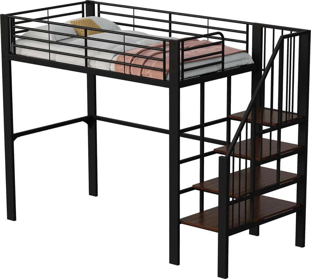 Hohes Metallbett - 90 x 200 cm - Stabiler Rahmen - Viel Stauraum unter dem Bett - Für Kinder und Erwachsene - Schwarz