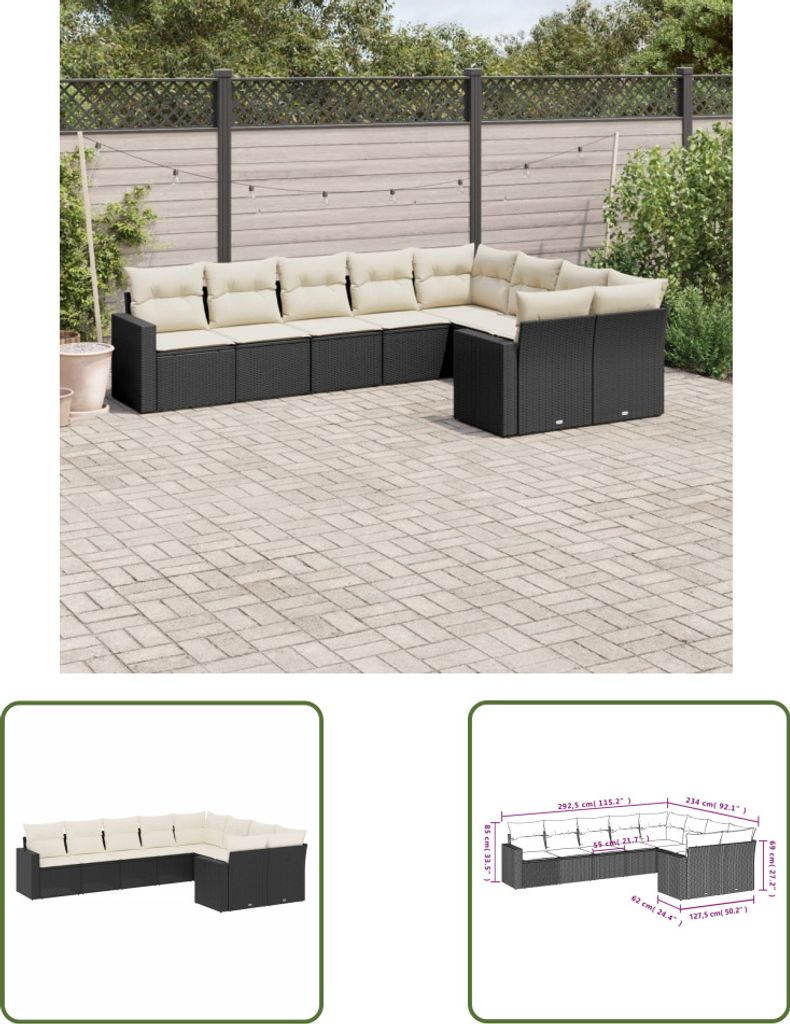 The Living Store 9-tlg. Garten-Sofagarnitur mit Kissen Schwarz Poly Rattan