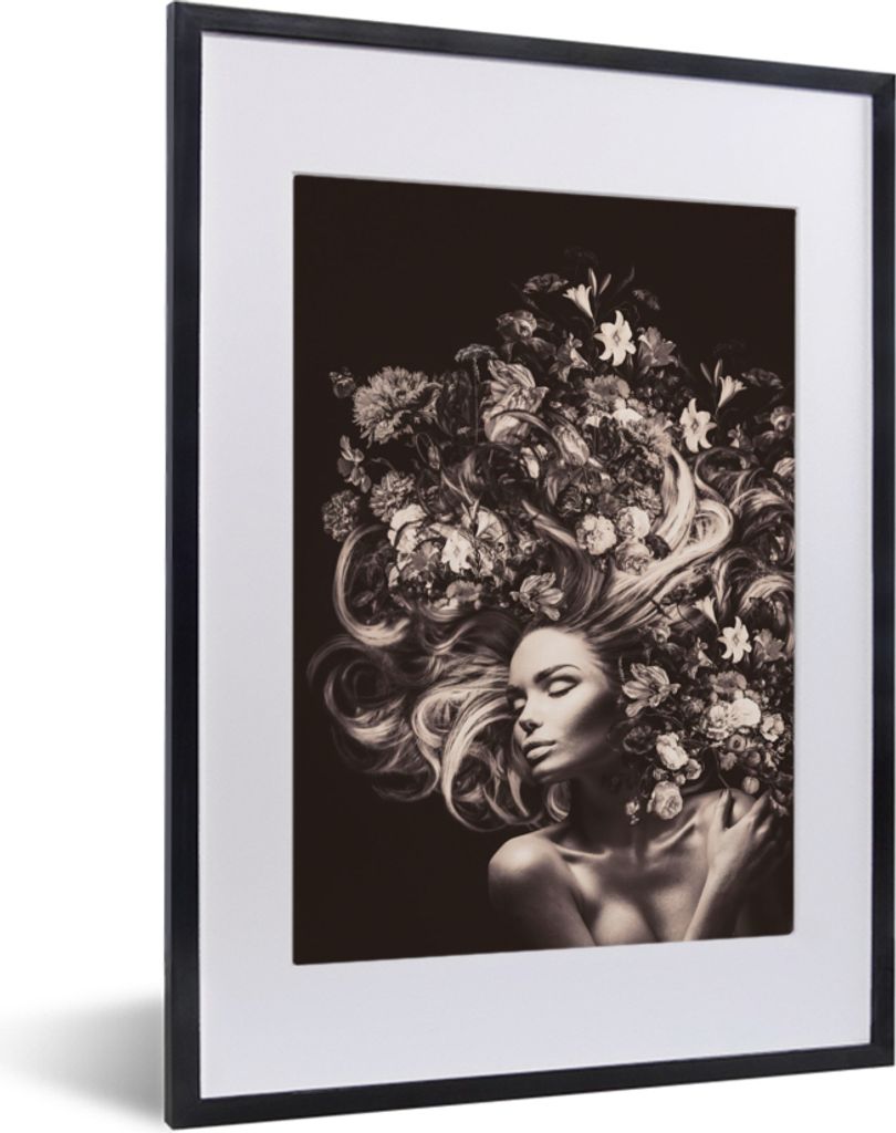 MuchoWow Gerahmtes Poster Blumen - Frau - Natur 30x40 cm - Poster mit Schwarzem Bilderrahmen Wandposter Rahmen Foto Bilder - Wandposter Schlafzimmer