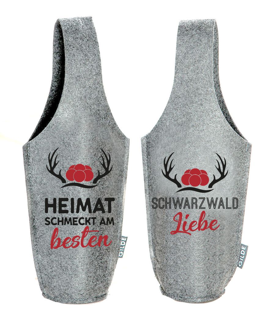 Gilde Flaschentasche, Flasche, "Schwarzwald", Bollenhutmotiv, Hirschmotiv, Spruch, Filz, hellgrau, L. 11 cm, B. 16 cm, H. 36 cm 44417 4063387444177...