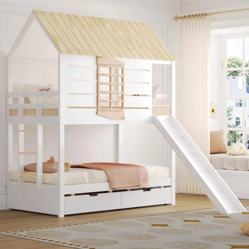 Lit Superposé 2 Enfants 90x200 cm Gain de Place avec Toboggan Intégré