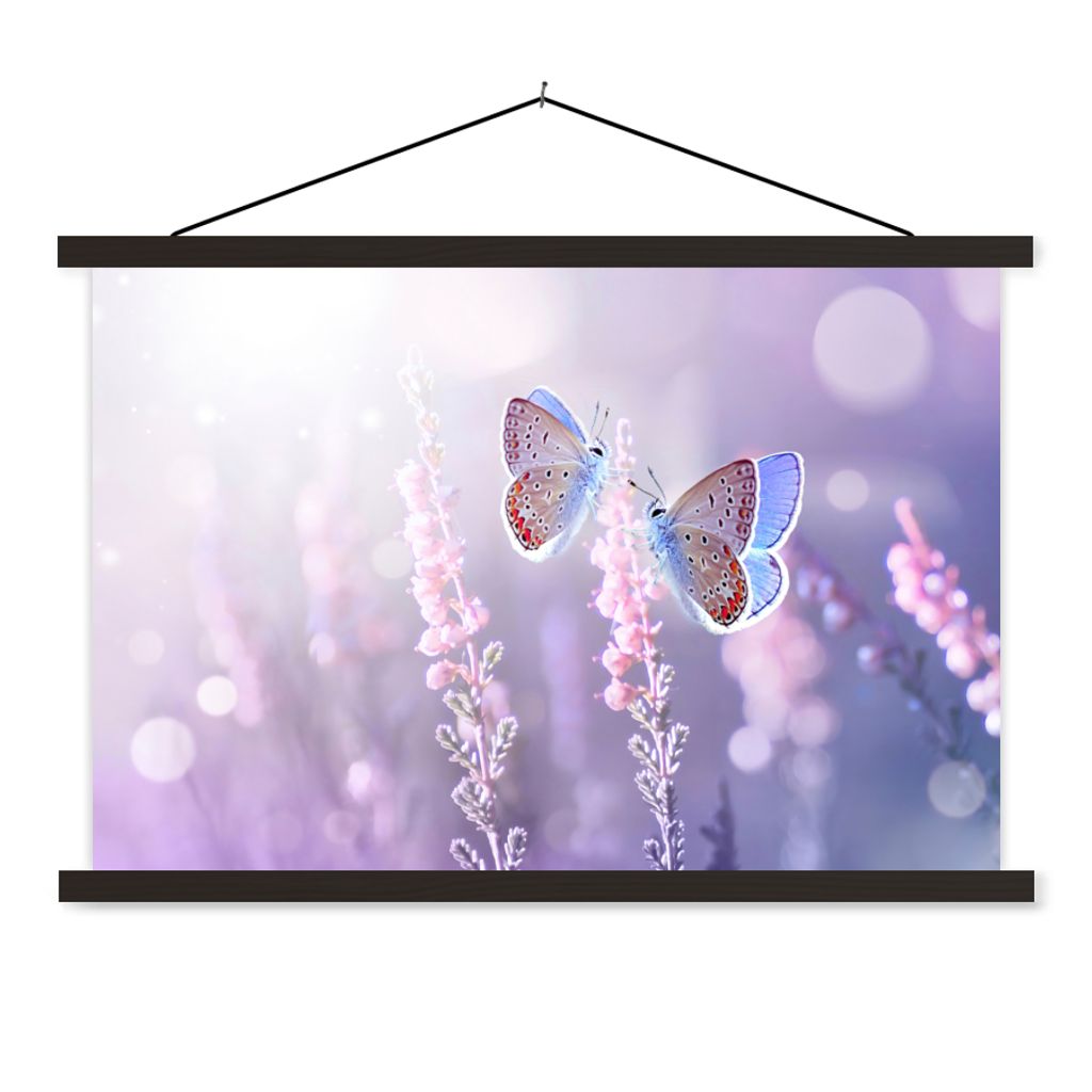MuchoWow Textilposter Schmetterling - Lavendel - Blumen - Lila 150x100 cm mit schwarzem Rahmen - Schlafzimmer