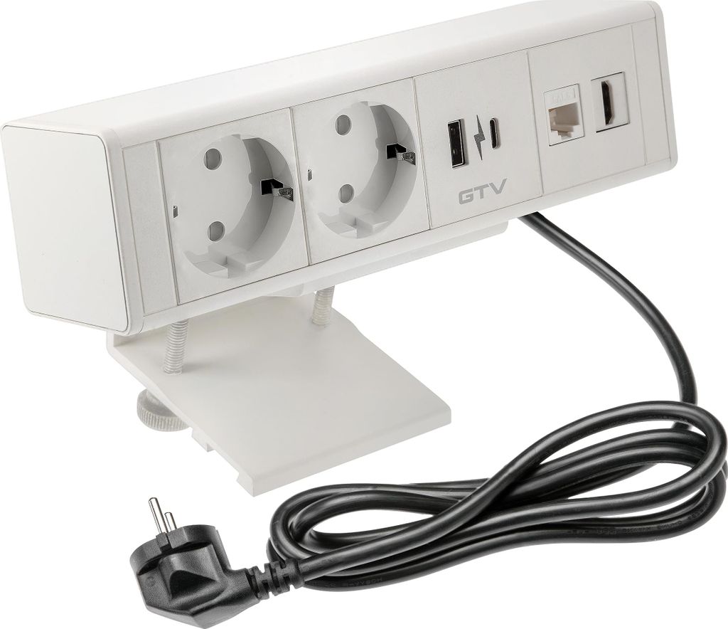 GTV - Möbelsteckdose BAR, Mehrfachsteckdosen, 2X Schuko Steckdose, 1x USB A, 1x USB C, 1x RJ45 1x HDMI, Kabellänge 1,5m, Farbe Weiß, für Schrei...